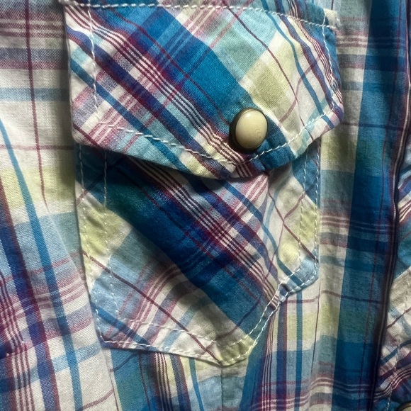 Rustic Ridge Blue/Purple/Yellow Plaid Western Button-up w/ Pearl Snap size Small - Picture 3 of 4